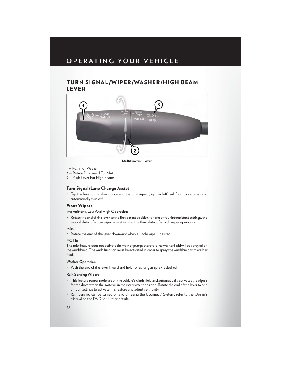 Turn signal/wiper/washer/high beam lever, Turn signal/lane change assist, Front wipers | Turn signal /wiper/washer/high beam lever | Chrysler 2014 300 - User Guide User Manual | Page 28 / 132