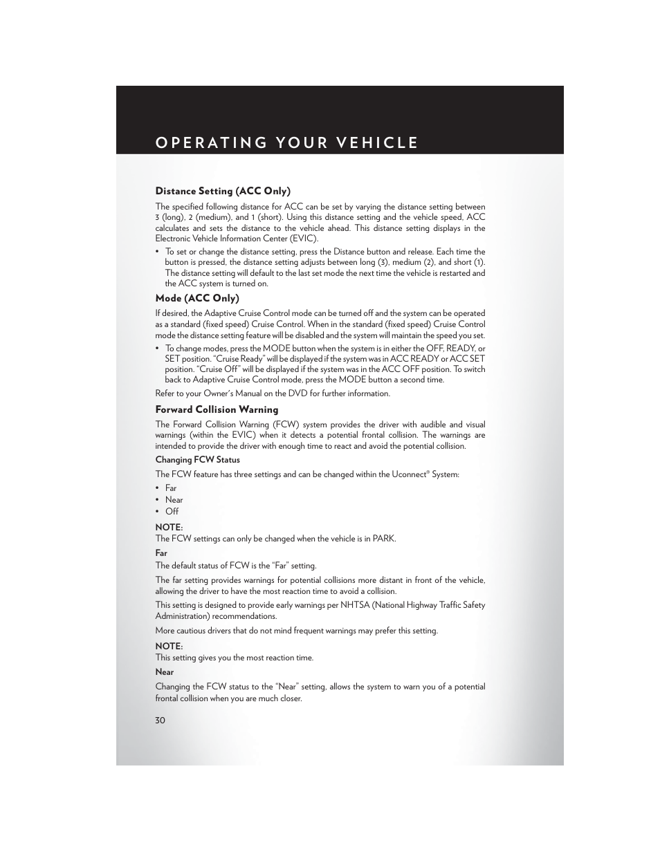 Distance setting (acc only), Mode (acc only), Forward collision warning | Chrysler 2014 300 - User Guide User Manual | Page 32 / 132
