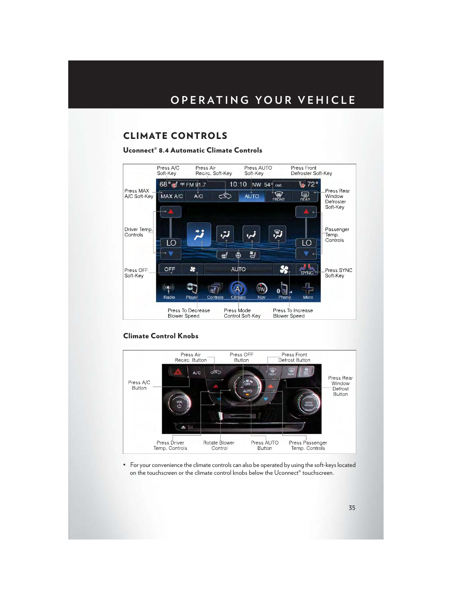 Climate controls, Uconnect® 8.4 automatic climate controls, Climate control knobs | Chrysler 2014 300 - User Guide User Manual | Page 37 / 132