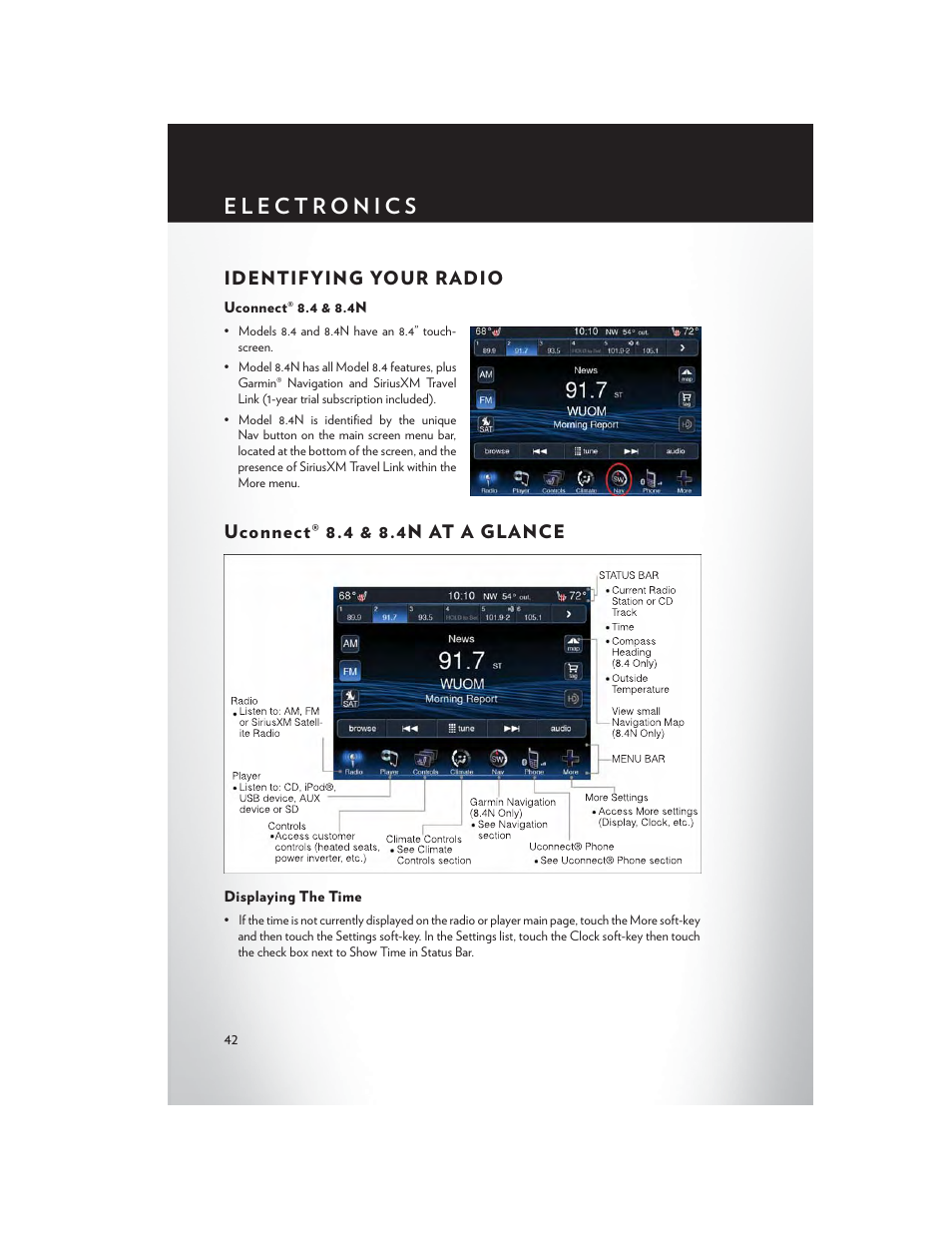 Identifying your radio, Uconnect® 8.4 & 8.4n, Uconnect® 8.4 & 8.4n at a glance | Displaying the time | Chrysler 2014 300 - User Guide User Manual | Page 44 / 132