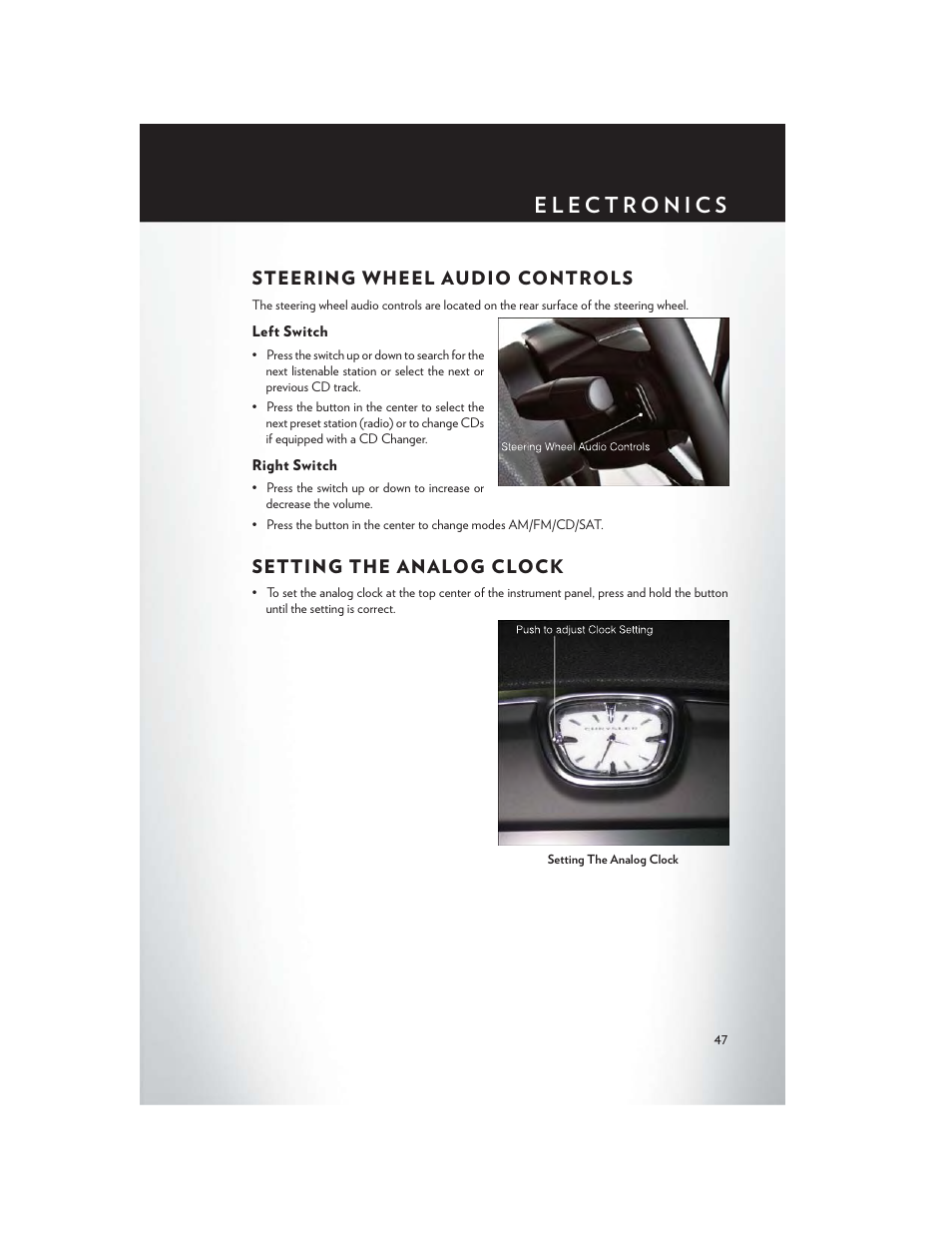 Steering wheel audio controls, Left switch, Right switch | Setting the analog clock | Chrysler 2014 300 - User Guide User Manual | Page 49 / 132