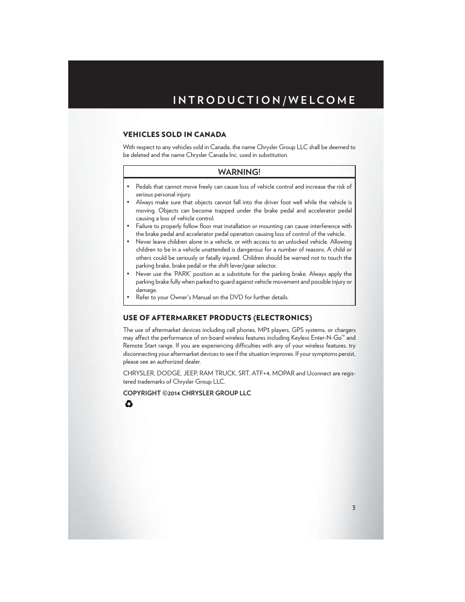 Vehicles sold in canada, Use of aftermarket products (electronics) | Chrysler 2014 300 - User Guide User Manual | Page 5 / 132