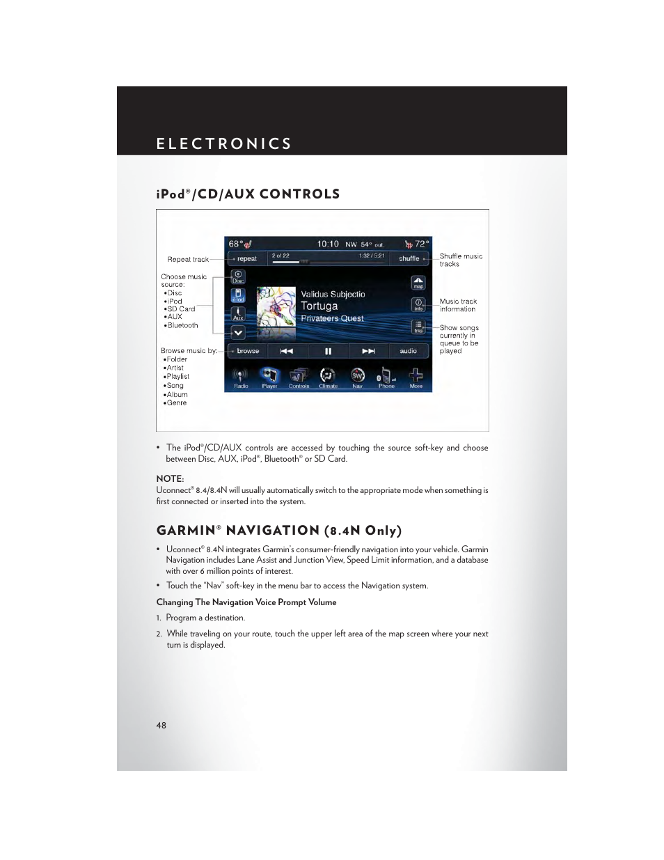 Ipod®/cd/aux controls, Garmin® navigation (8.4n only) | Chrysler 2014 300 - User Guide User Manual | Page 50 / 132