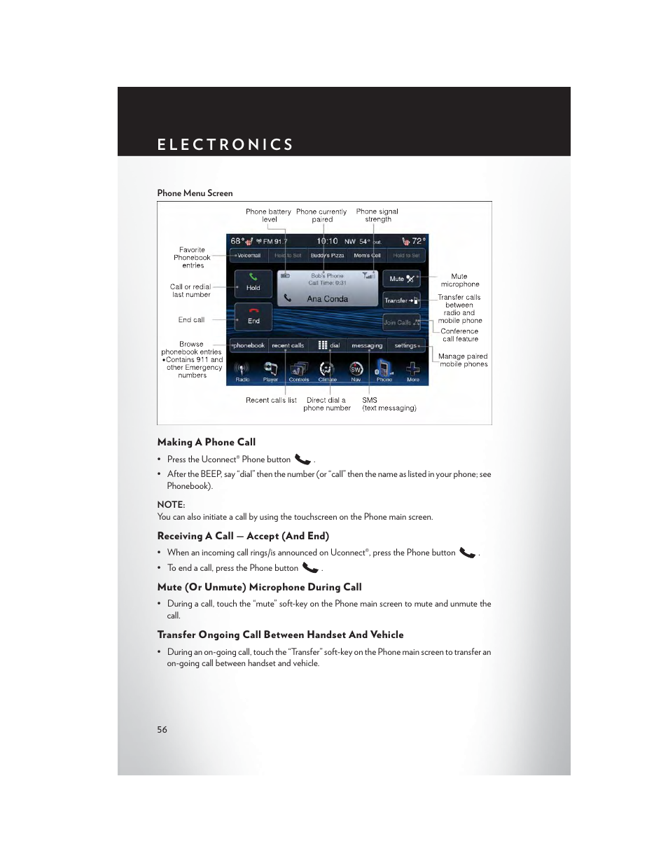 Making a phone call, Receiving a call — accept (and end), Mute (or unmute) microphone during call | Transfer ongoing call between handset and vehicle | Chrysler 2014 300 - User Guide User Manual | Page 58 / 132