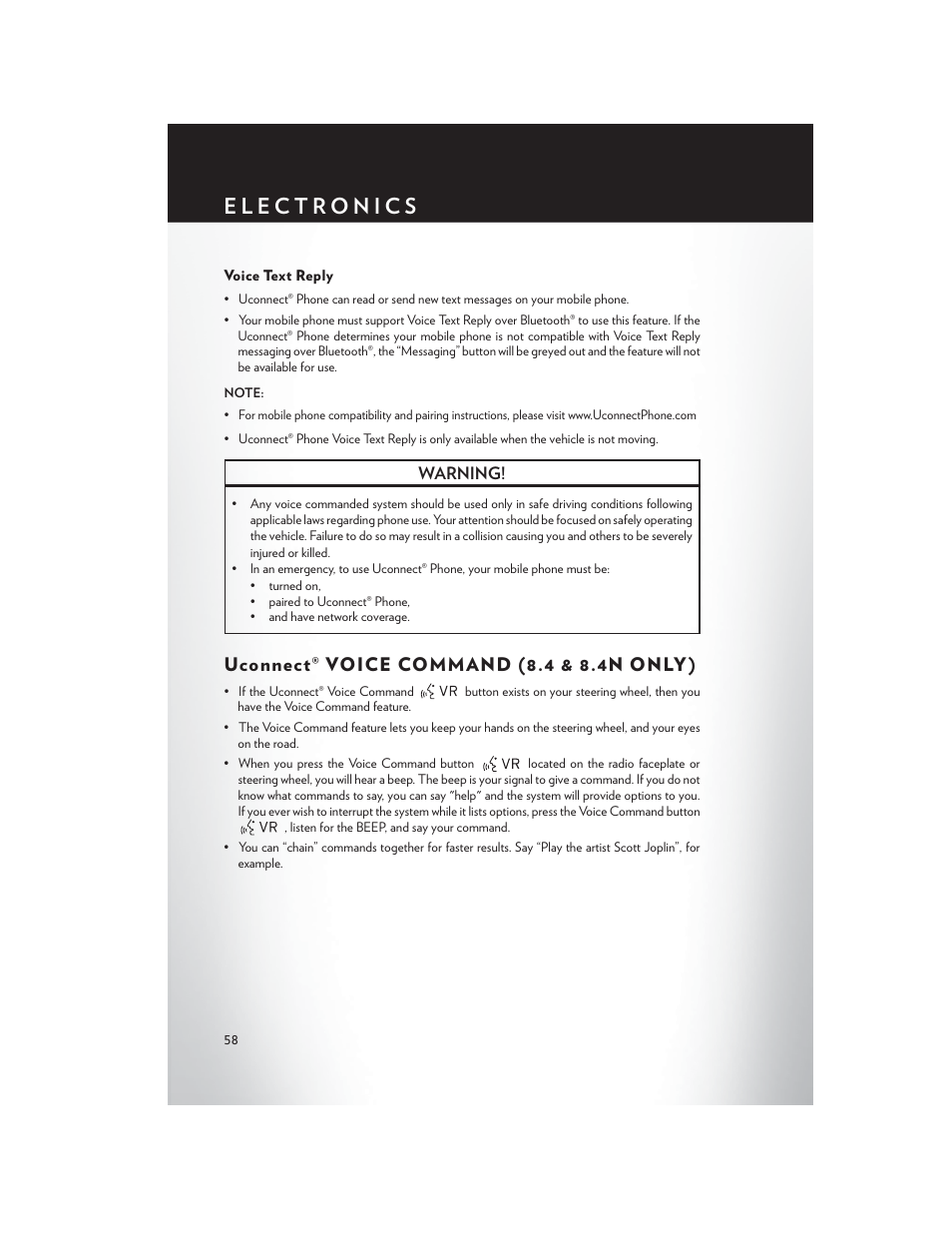 Voice text reply, Uconnect® voice command (8.4 & 8.4n only), Uconnect® voice command (8.4 & 8.4n only ) | Chrysler 2014 300 - User Guide User Manual | Page 60 / 132