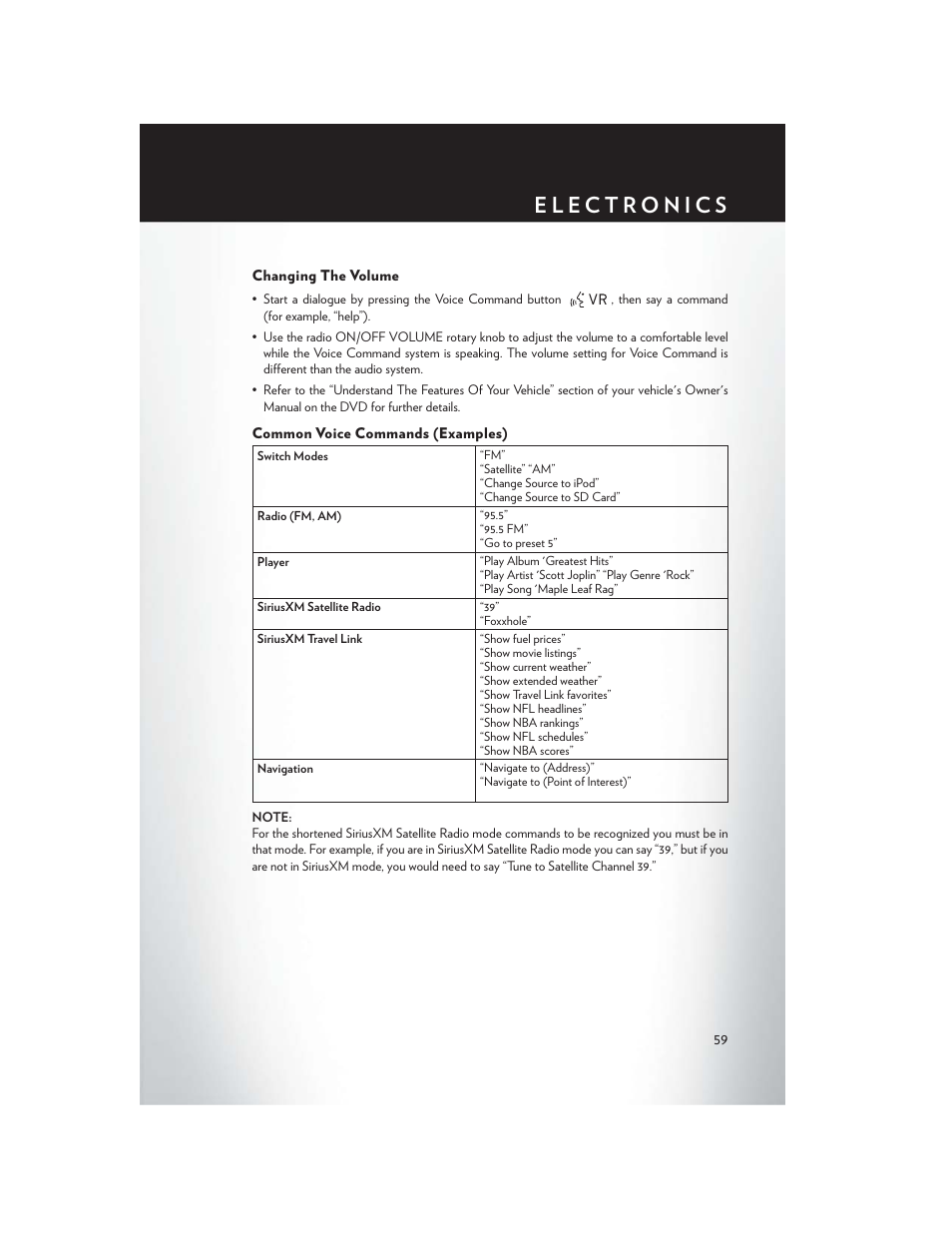Changing the volume, Common voice commands (examples) | Chrysler 2014 300 - User Guide User Manual | Page 61 / 132