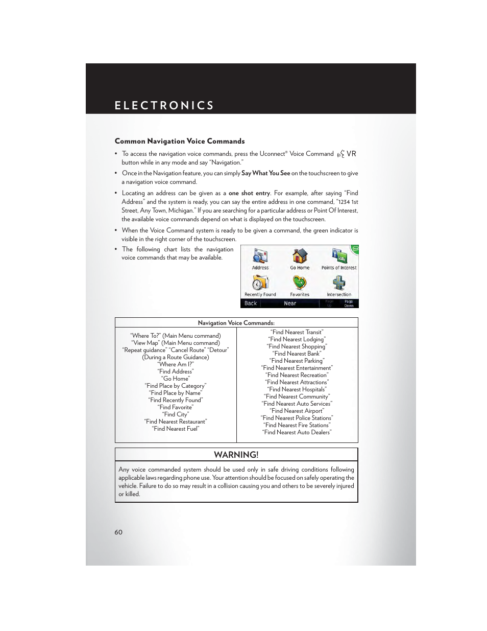 Common navigation voice commands, Warning | Chrysler 2014 300 - User Guide User Manual | Page 62 / 132