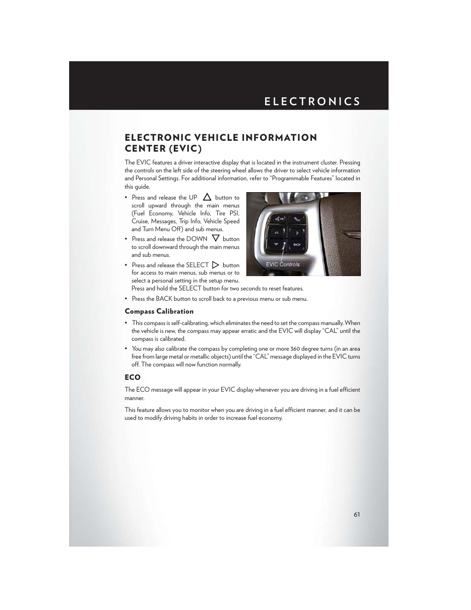 Electronic vehicle information center (evic), Compass calibration, Electronic vehicle information center (evic ) | Chrysler 2014 300 - User Guide User Manual | Page 63 / 132