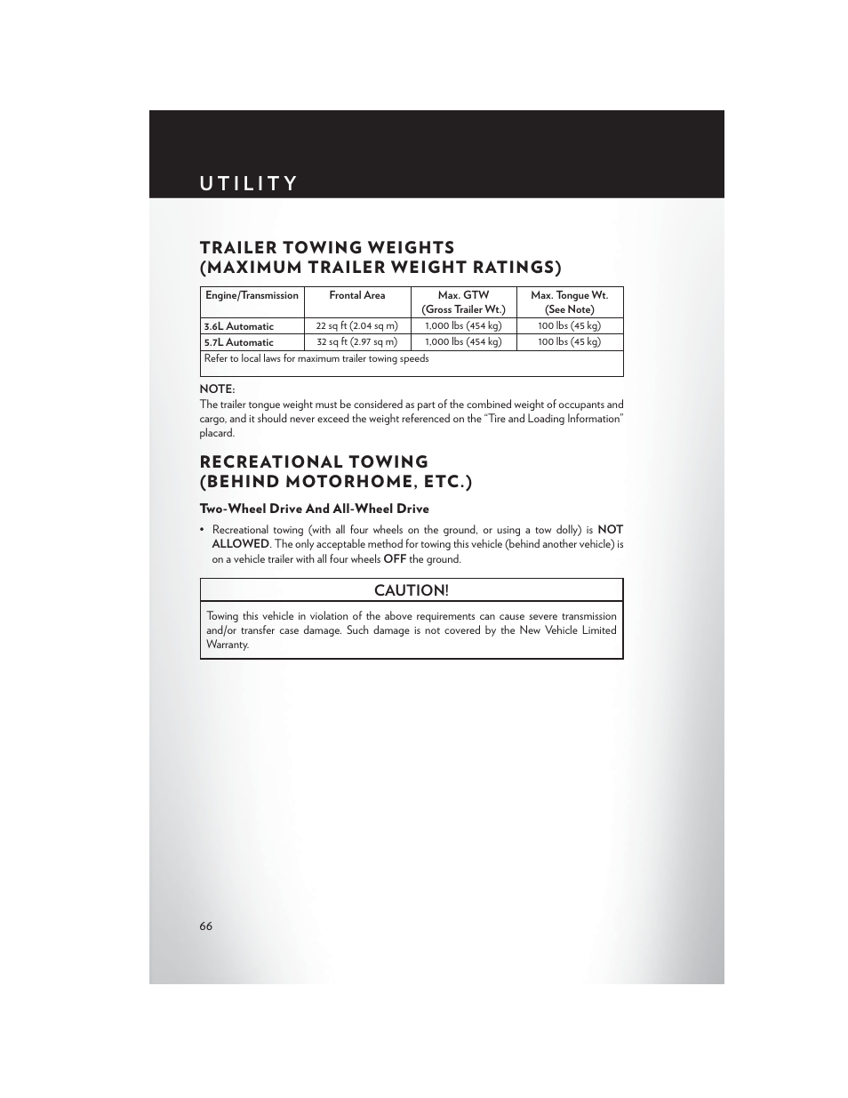 Utility, Recreational towing (behind motorhome, etc.), Two-wheel drive and all-wheel drive | Caution | Chrysler 2014 300 - User Guide User Manual | Page 68 / 132