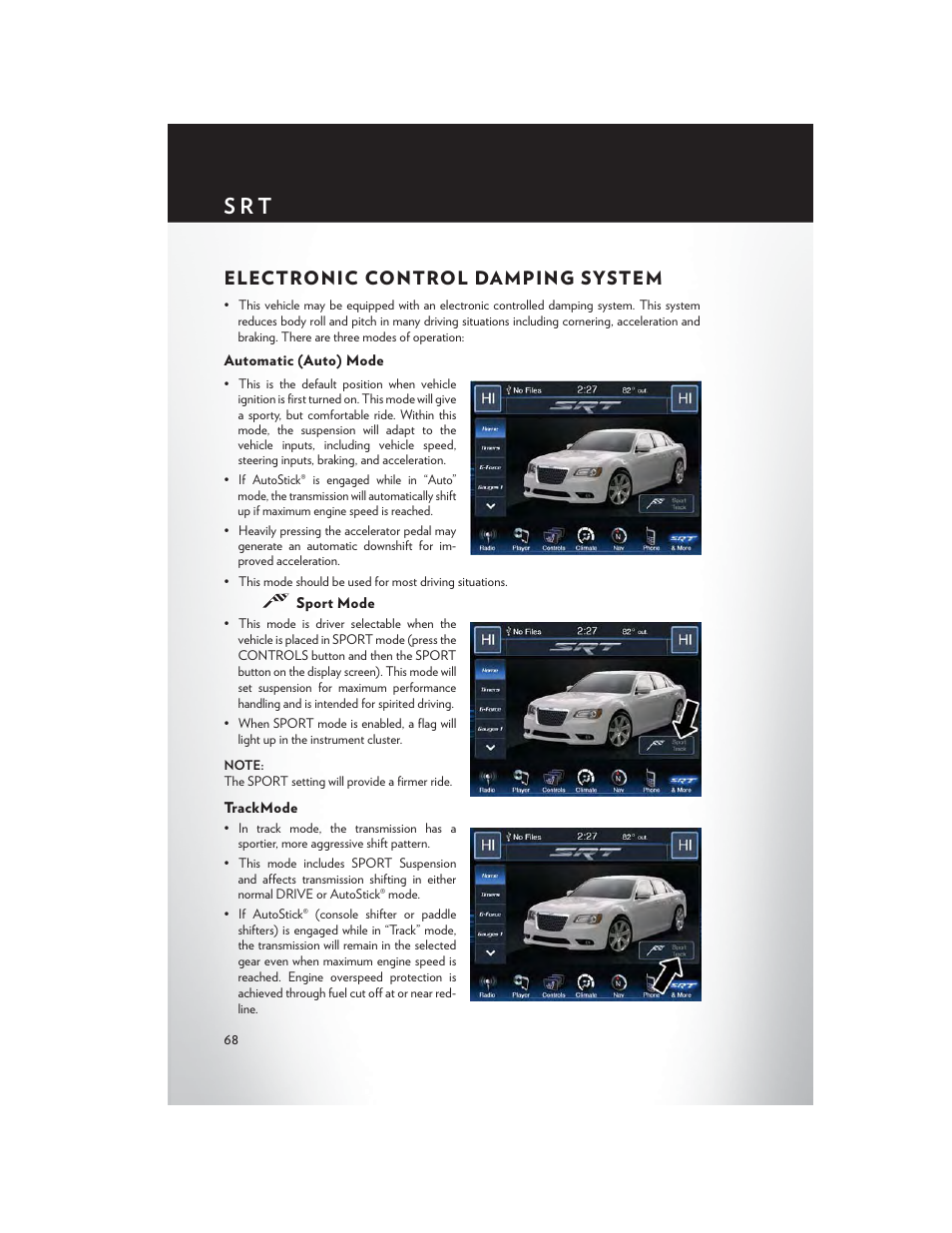 Electronic control damping system, Automatic (auto) mode, Sport mode | Trackmode, S r t | Chrysler 2014 300 - User Guide User Manual | Page 70 / 132