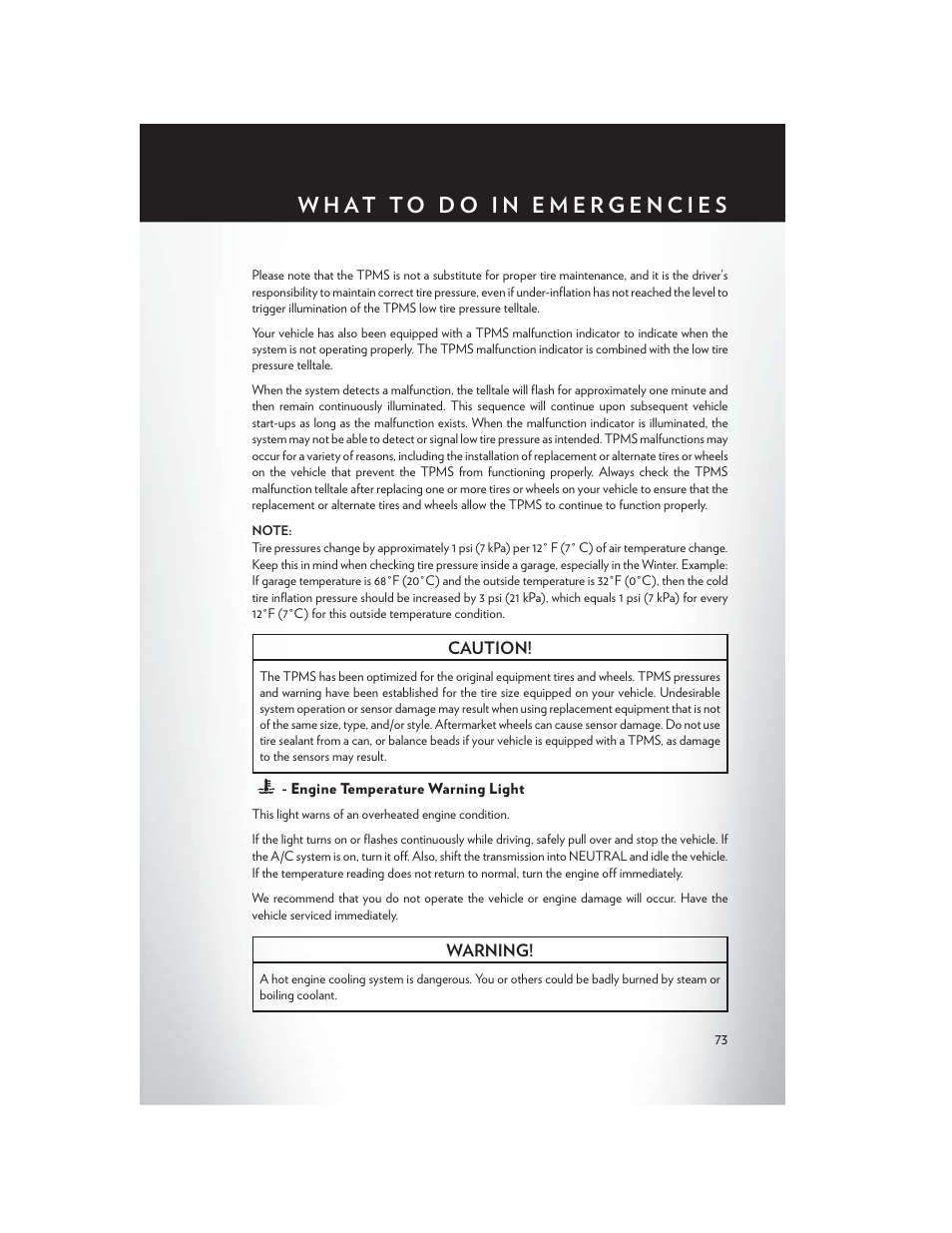 Engine temperature warning light | Chrysler 2014 300 - User Guide User Manual | Page 75 / 132