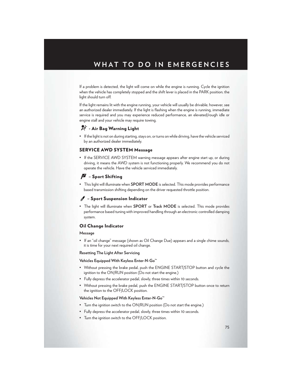 Air bag warning light, Service awd system message, Sport shifting | Sport suspension indicator, Oil change indicator | Chrysler 2014 300 - User Guide User Manual | Page 77 / 132