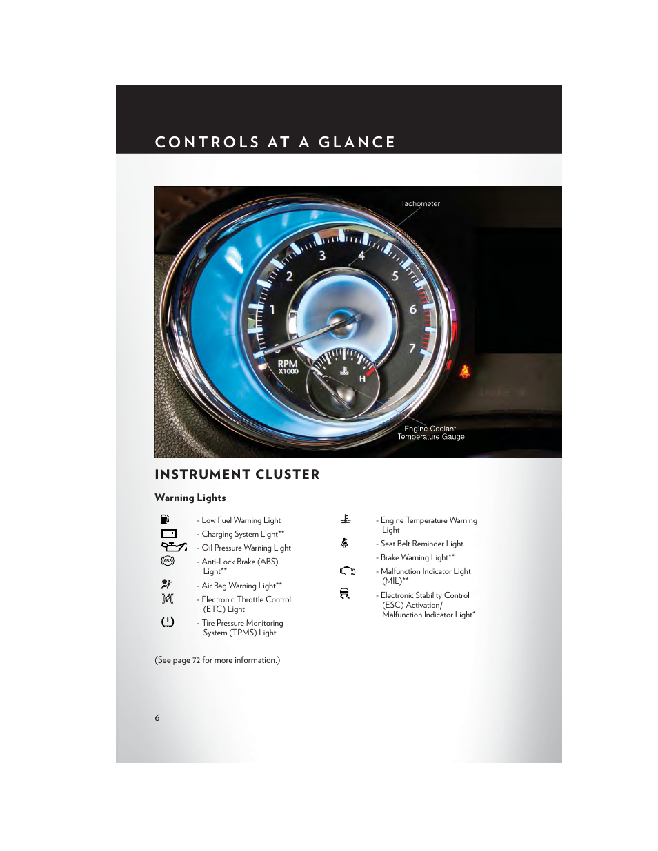 Instrument cluster, Warning lights | Chrysler 2014 300 - User Guide User Manual | Page 8 / 132