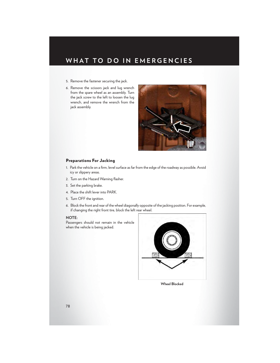 Preparations for jacking | Chrysler 2014 300 - User Guide User Manual | Page 80 / 132