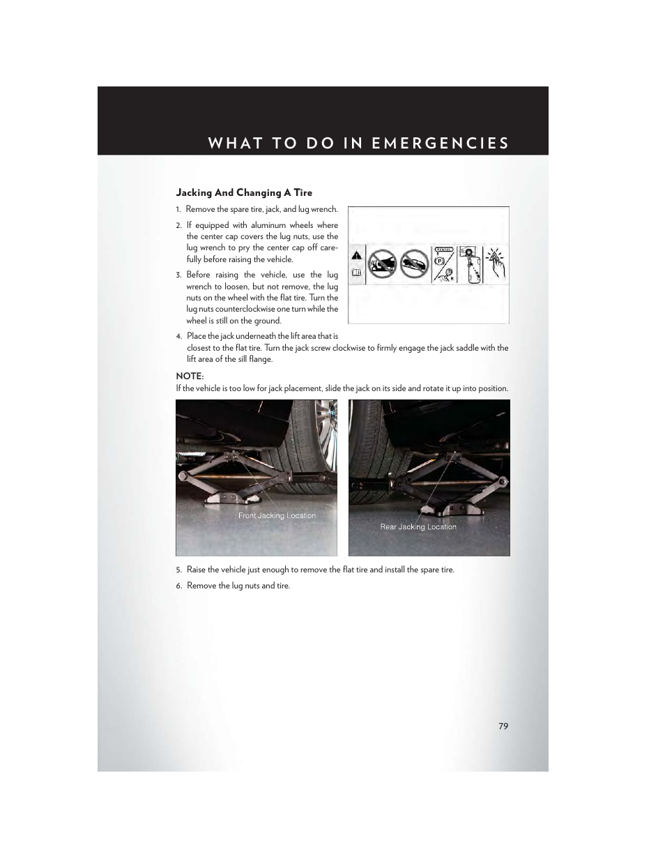 Jacking and changing a tire | Chrysler 2014 300 - User Guide User Manual | Page 81 / 132