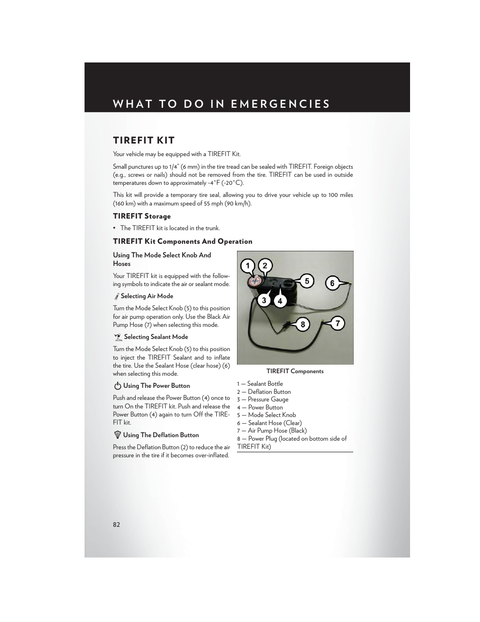 Tirefit kit, Tirefit storage, Tirefit kit components and operation | Chrysler 2014 300 - User Guide User Manual | Page 84 / 132