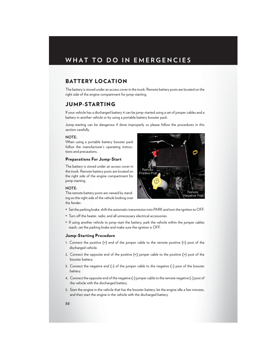 Battery location, Jump-starting, Preparations for jump-start | Jump-starting procedure, Battery location jump-starting | Chrysler 2014 300 - User Guide User Manual | Page 90 / 132