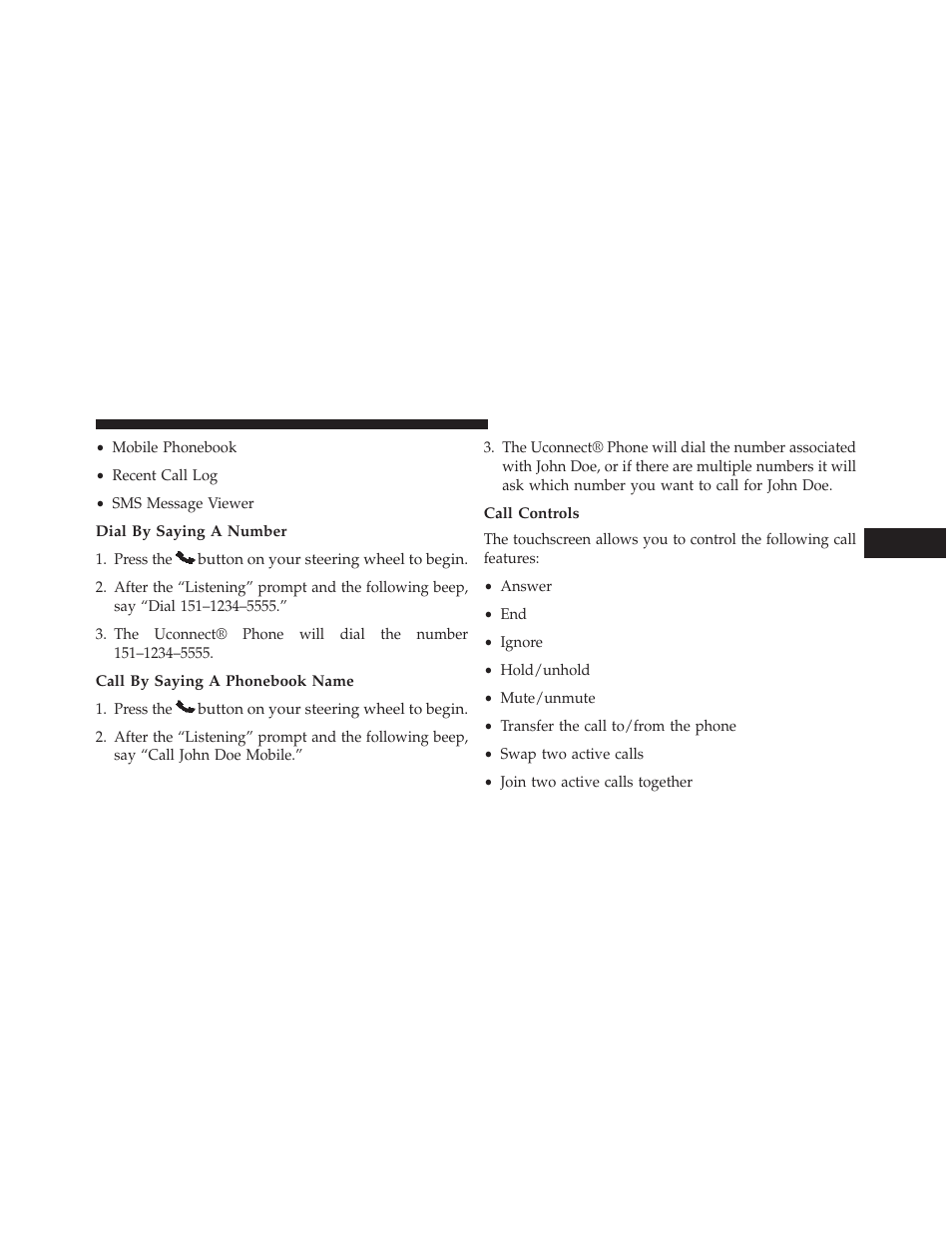 Dial by saying a number, Call by saying a phonebook name, Call controls | Chrysler 2014 300 SRT - Owner Manual User Manual | Page 145 / 590