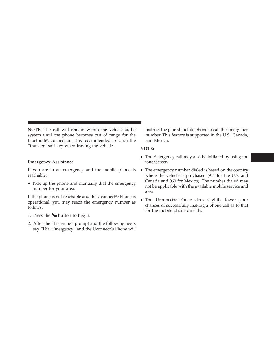 Uconnect® phone features, Emergency assistance | Chrysler 2014 300 SRT - Owner Manual User Manual | Page 149 / 590