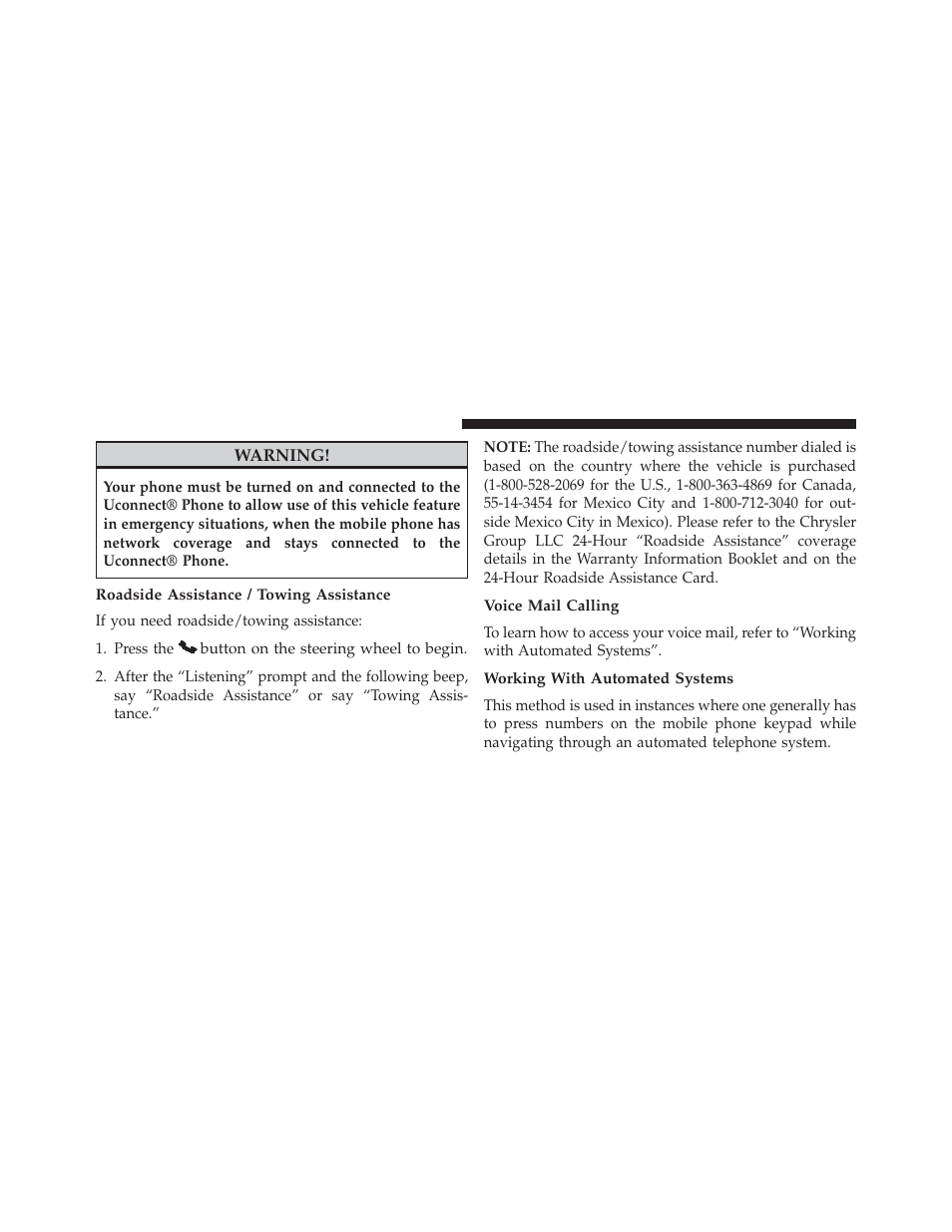 Roadside assistance / towing assistance, Voice mail calling, Working with automated systems | Chrysler 2014 300 SRT - Owner Manual User Manual | Page 150 / 590