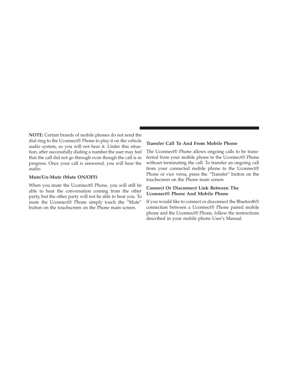 Mute/un-mute (mute on/off), Advanced phone connectivity, Transfer call to and from mobile phone | Chrysler 2014 300 SRT - Owner Manual User Manual | Page 154 / 590