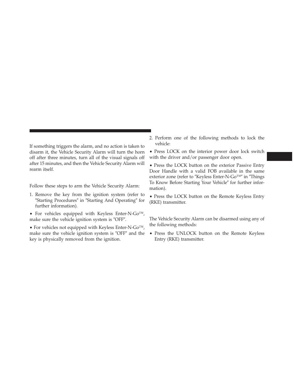 Rearming of the system, To arm the system, To disarm the system | Chrysler 2014 300 SRT - Owner Manual User Manual | Page 21 / 590