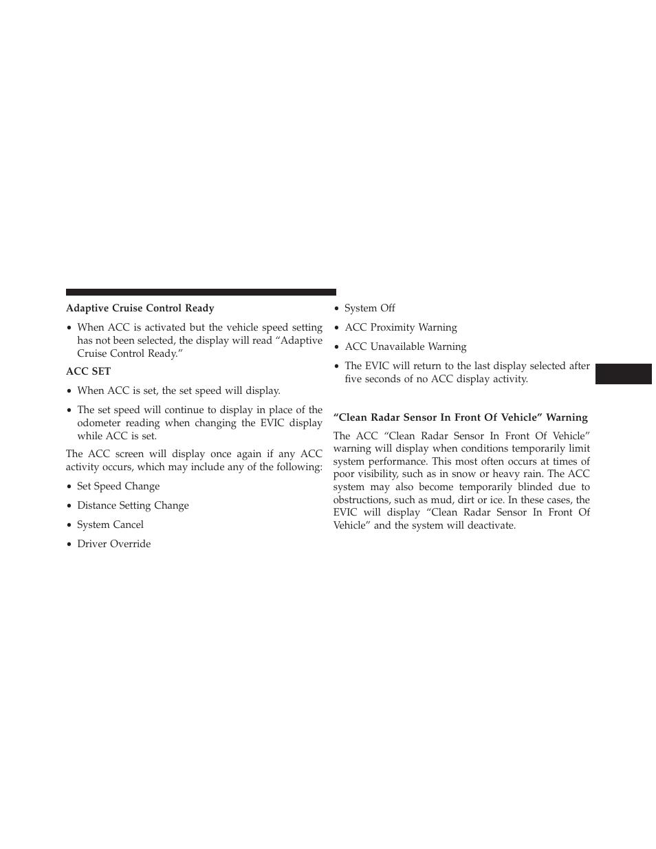 Display warnings and maintenance, Clean radar sensor in front of vehicle” warning | Chrysler 2014 300 SRT - Owner Manual User Manual | Page 239 / 590