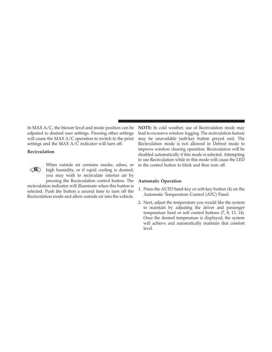 Recirculation, Automatic temperature control (atc), Automatic operation | Chrysler 2014 300 SRT - Owner Manual User Manual | Page 364 / 590