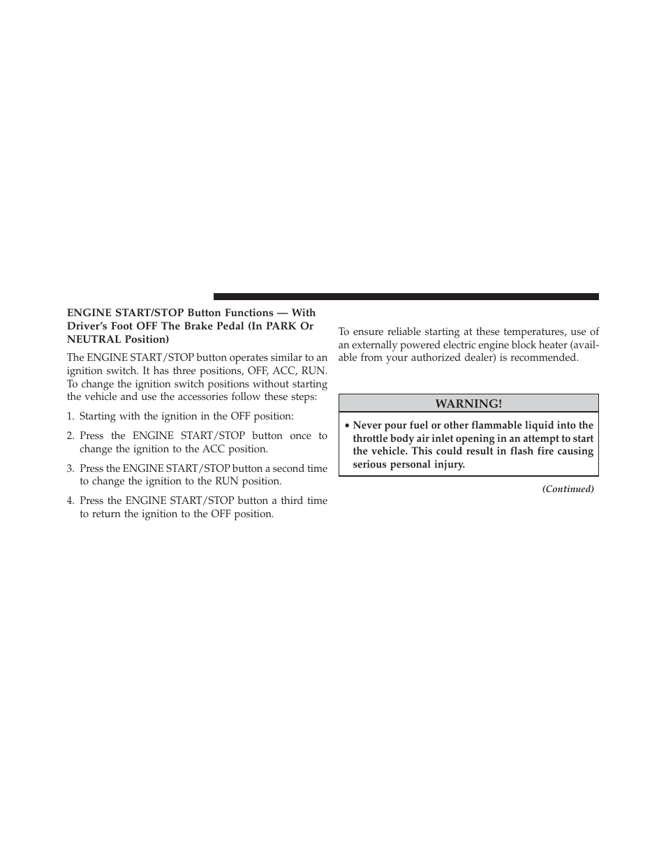 Extreme cold weather (below –20°f or −29°c), If engine fails to start, Extreme cold weather (below –20°f or | 29°c) | Chrysler 2014 300 SRT - Owner Manual User Manual | Page 376 / 590