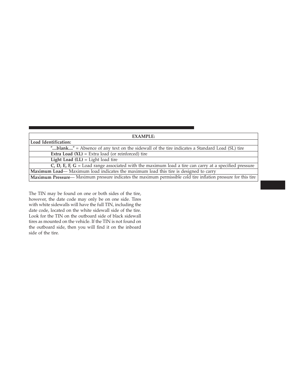 Tire identification number (tin) | Chrysler 2014 300 SRT - Owner Manual User Manual | Page 417 / 590