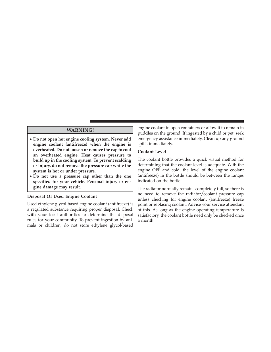 Disposal of used engine coolant, Coolant level | Chrysler 2014 300 SRT - Owner Manual User Manual | Page 506 / 590