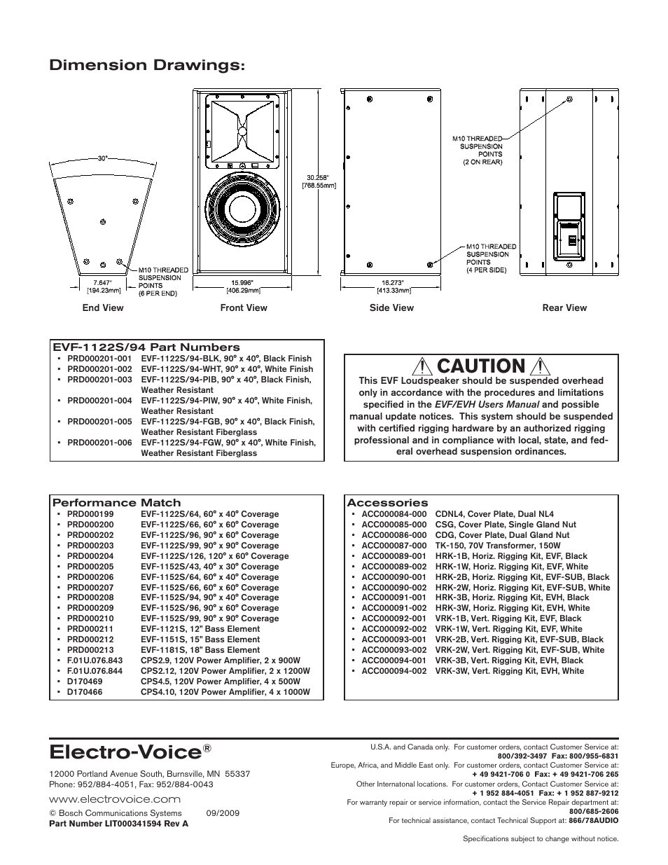 Electro-voice, Caution, Dimension drawings | Bosch EVF-1122S/94-FG User Manual | Page 4 / 4
