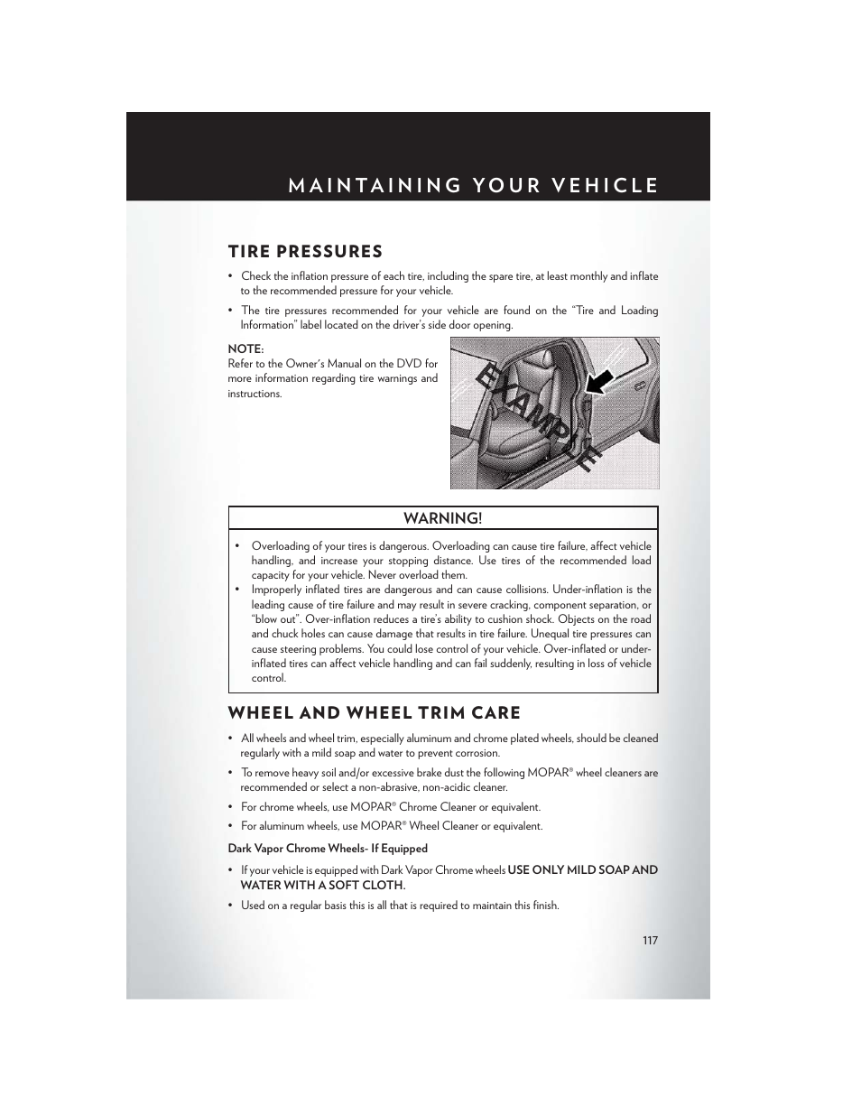 Tire pressures, Wheel and wheel trim care, Tire pressures wheel and wheel trim care | Chrysler 2014 300 SRT - User Guide User Manual | Page 119 / 132