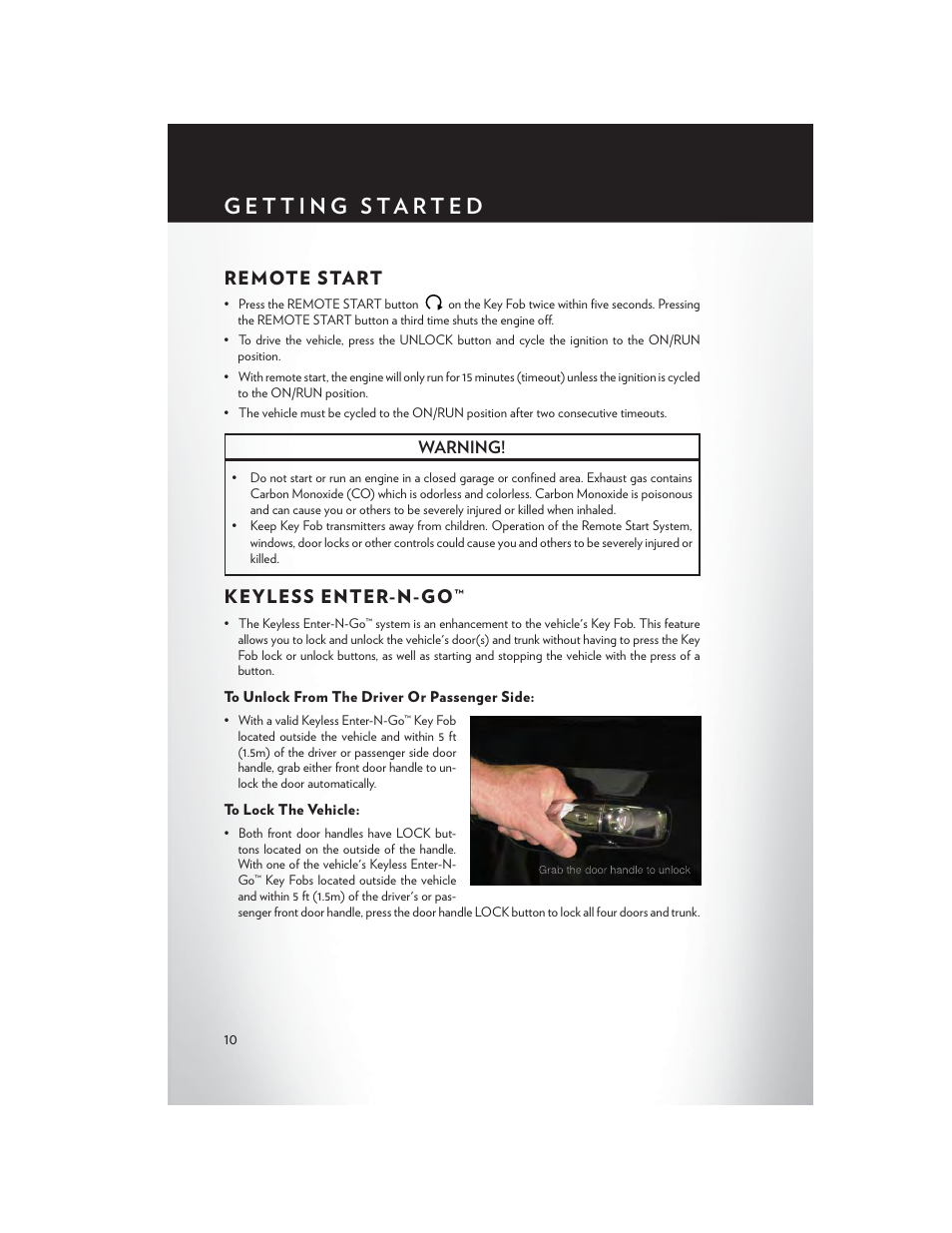 Remote start, Keyless enter-n-go, To unlock from the driver or passenger side | To lock the vehicle, Warning | Chrysler 2014 300 SRT - User Guide User Manual | Page 12 / 132
