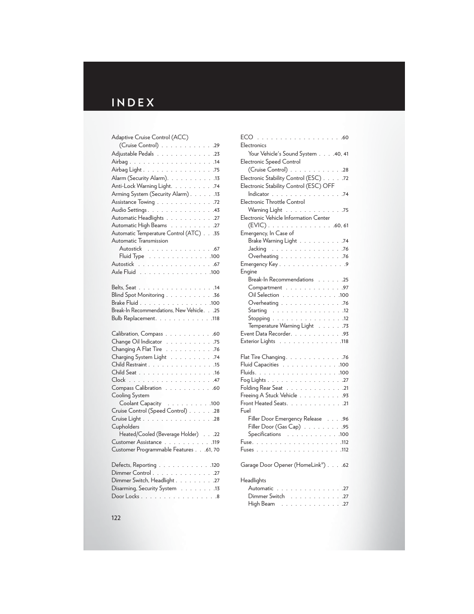 Index | Chrysler 2014 300 SRT - User Guide User Manual | Page 124 / 132