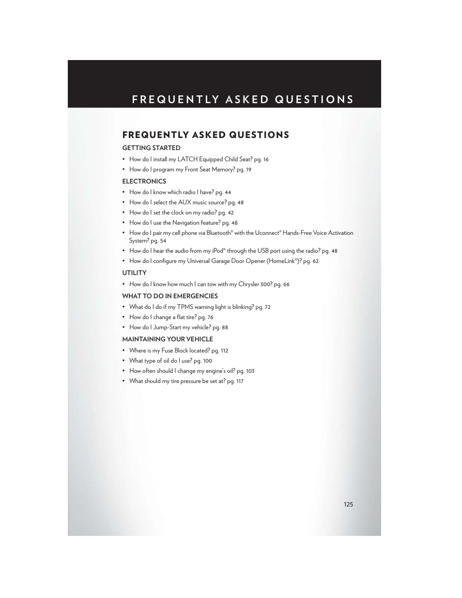 Frequently asked questions | Chrysler 2014 300 SRT - User Guide User Manual | Page 127 / 132