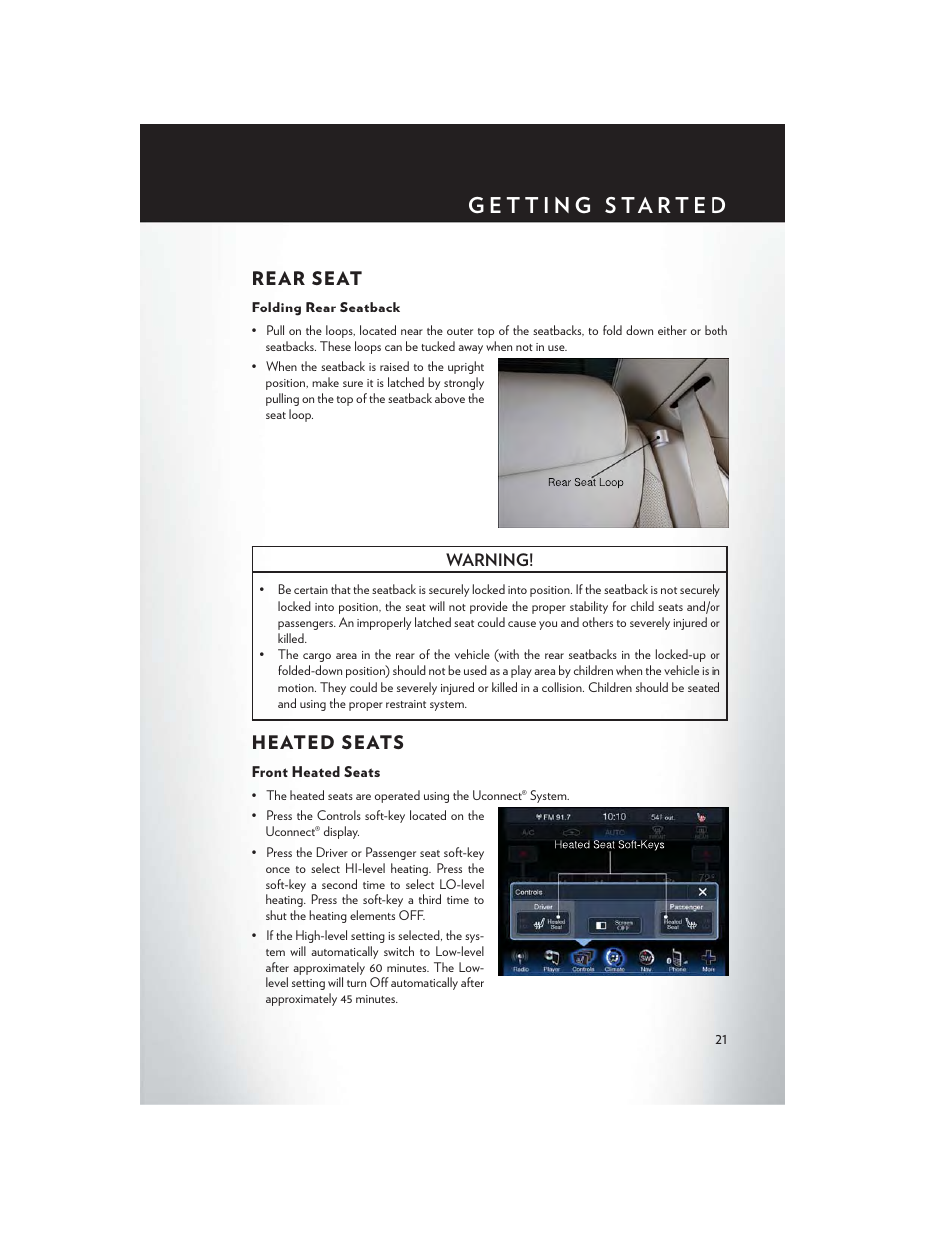 Rear seat, Folding rear seatback, Heated seats | Front heated seats, Rear seat heated seats | Chrysler 2014 300 SRT - User Guide User Manual | Page 23 / 132