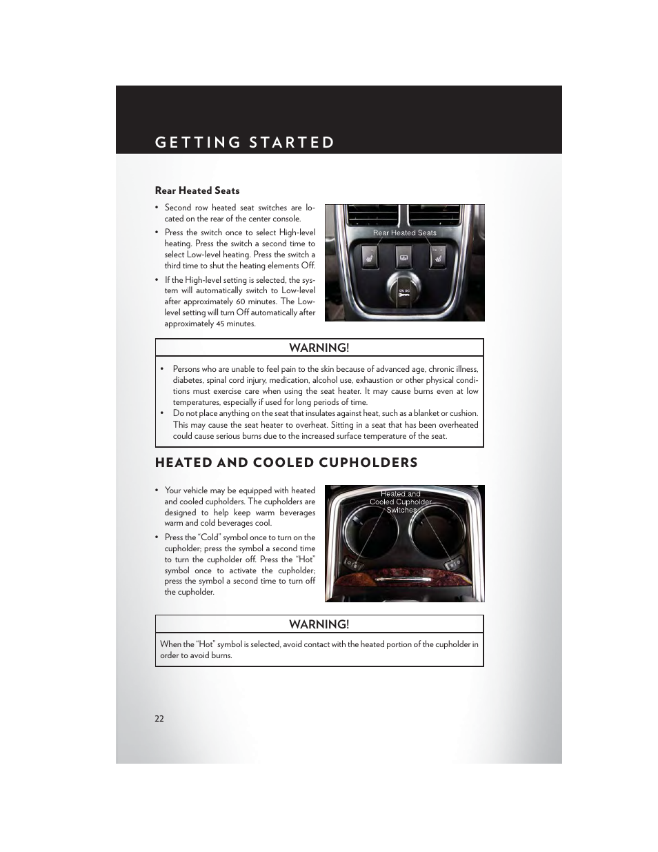 Rear heated seats, Heated and cooled cupholders | Chrysler 2014 300 SRT - User Guide User Manual | Page 24 / 132