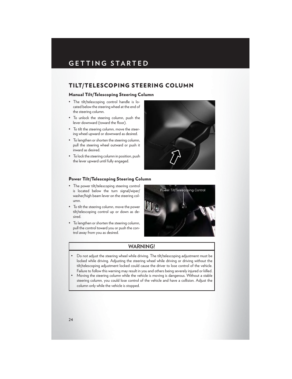 Tilt/telescoping steering column, Manual tilt/telescoping steering column, Power tilt/telescoping steering column | Chrysler 2014 300 SRT - User Guide User Manual | Page 26 / 132
