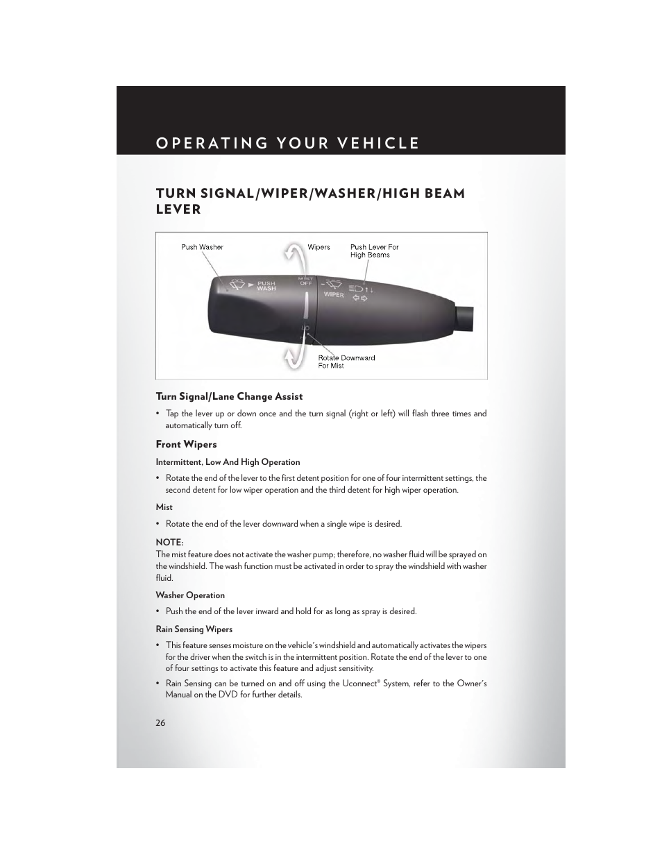 Turn signal/wiper/washer/high beam lever, Turn signal/lane change assist, Front wipers | Turn signal /wiper/washer/high beam lever | Chrysler 2014 300 SRT - User Guide User Manual | Page 28 / 132