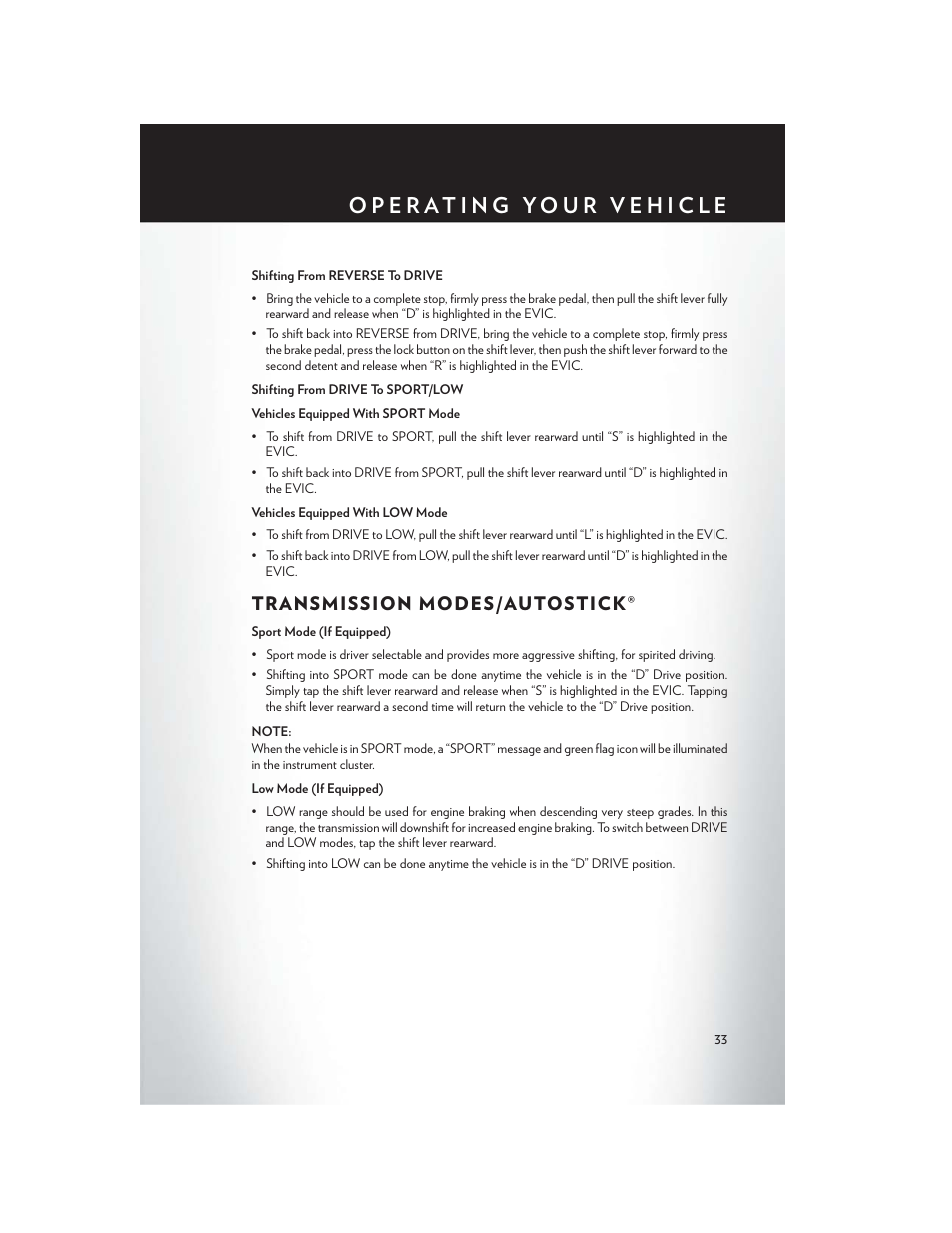 Transmission modes/autostick | Chrysler 2014 300 SRT - User Guide User Manual | Page 35 / 132