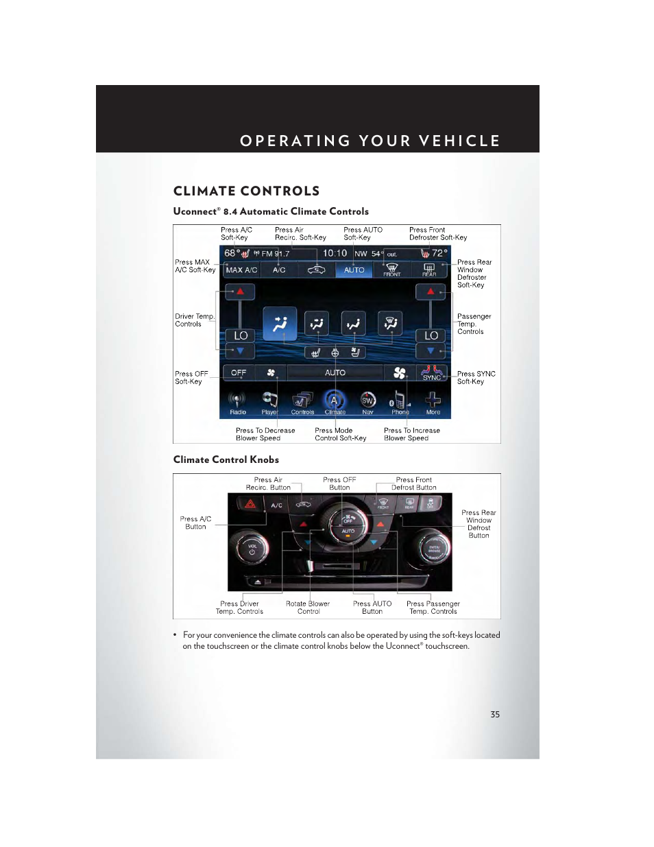 Climate controls, Uconnect® 8.4 automatic climate controls, Climate control knobs | Chrysler 2014 300 SRT - User Guide User Manual | Page 37 / 132