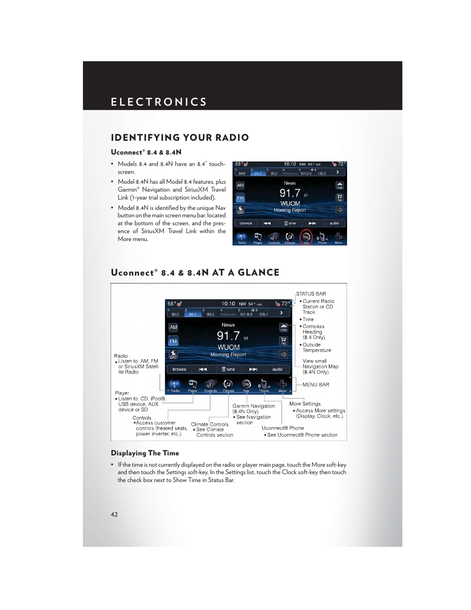 Identifying your radio, Uconnect® 8.4 & 8.4n, Uconnect® 8.4 & 8.4n at a glance | Displaying the time | Chrysler 2014 300 SRT - User Guide User Manual | Page 44 / 132
