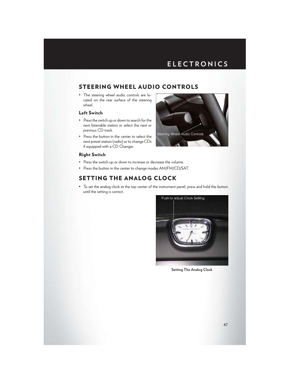 Steering wheel audio controls, Left switch, Right switch | Setting the analog clock | Chrysler 2014 300 SRT - User Guide User Manual | Page 49 / 132