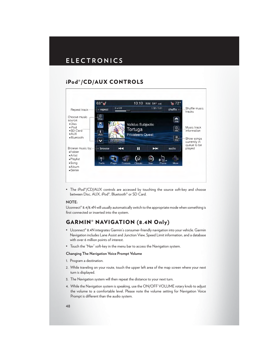 Ipod®/cd/aux controls, Garmin® navigation (8.4n only) | Chrysler 2014 300 SRT - User Guide User Manual | Page 50 / 132