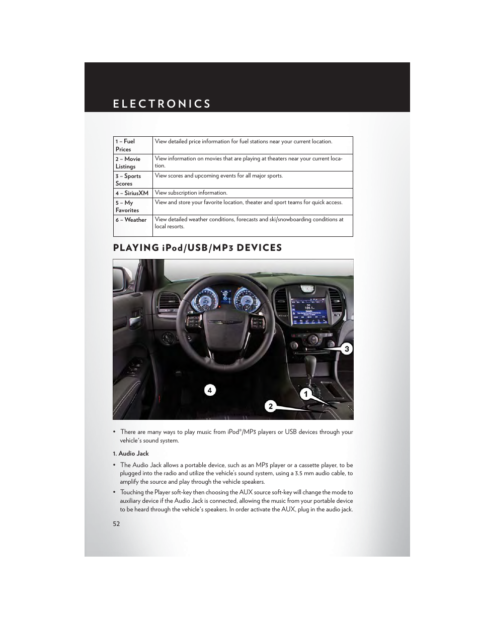 Playing ipod/usb/mp3 devices | Chrysler 2014 300 SRT - User Guide User Manual | Page 54 / 132