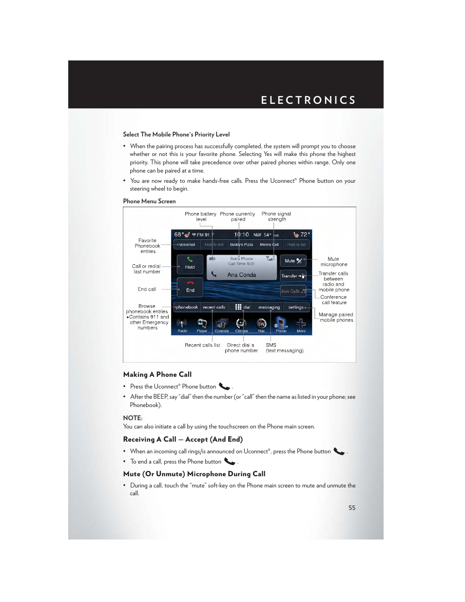 Making a phone call, Receiving a call — accept (and end), Mute (or unmute) microphone during call | Chrysler 2014 300 SRT - User Guide User Manual | Page 57 / 132