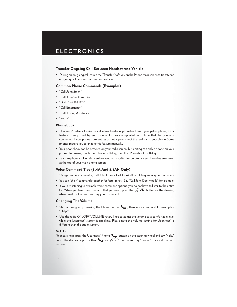 Transfer ongoing call between handset and vehicle, Common phone commands (examples), Phonebook | Voice command tips (8.4a and 8.4an only), Changing the volume | Chrysler 2014 300 SRT - User Guide User Manual | Page 58 / 132