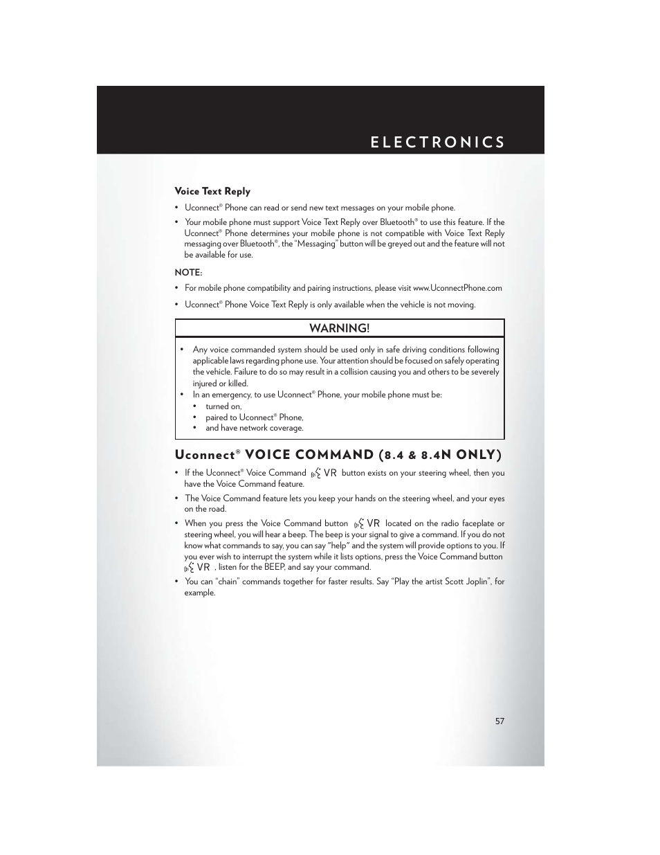 Voice text reply, Uconnect® voice command (8.4 & 8.4n only), Uconnect® voice command (8.4 & 8.4n only ) | Chrysler 2014 300 SRT - User Guide User Manual | Page 59 / 132