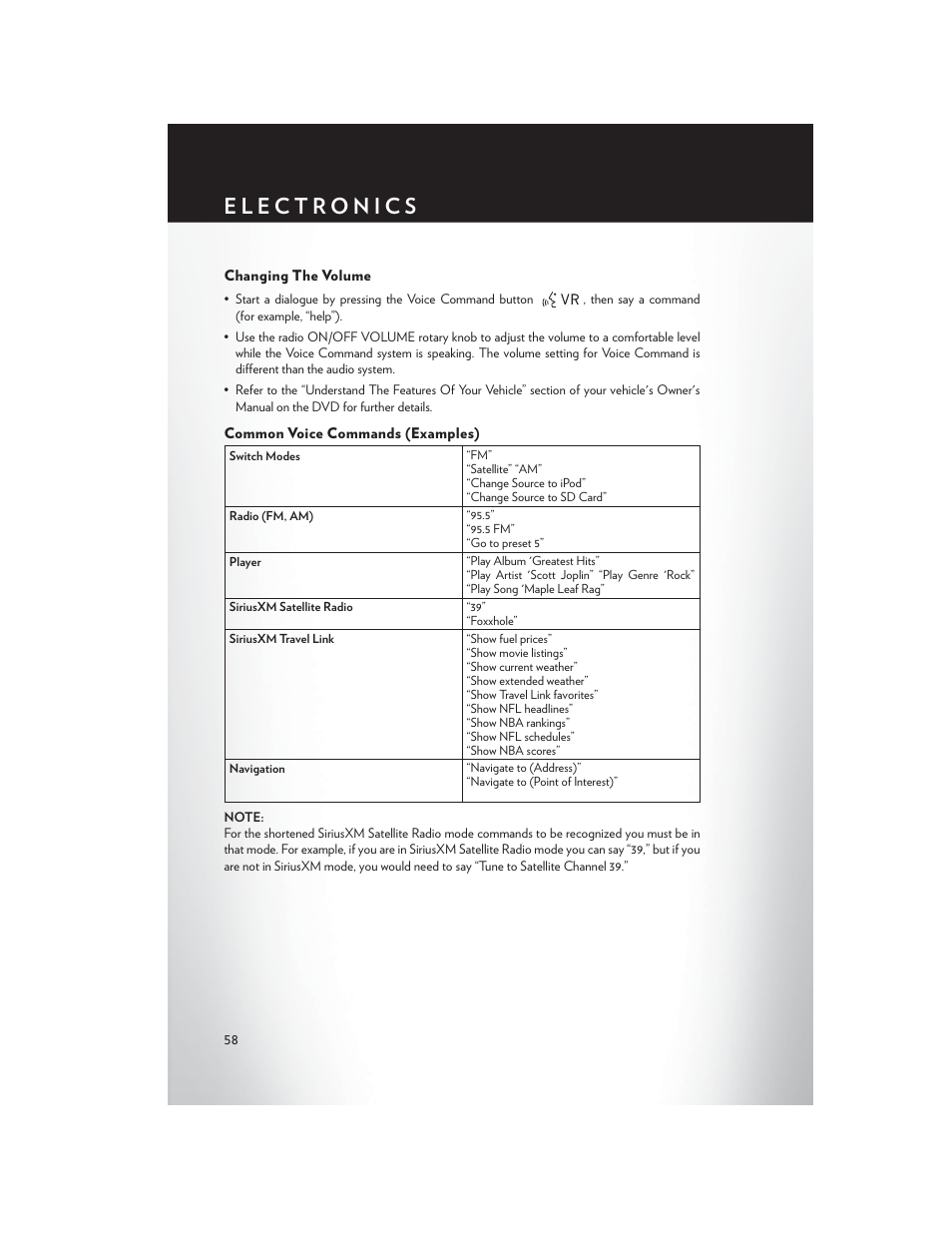 Changing the volume, Common voice commands (examples) | Chrysler 2014 300 SRT - User Guide User Manual | Page 60 / 132